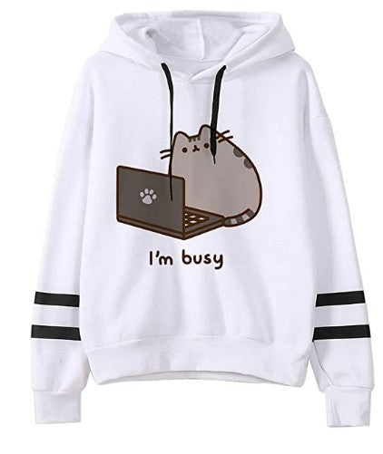 White fleece hoodie with cat illustration on front and black striped sleeve cuffs
