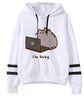 White fleece hoodie with cat illustration holding a screen; black striped sleeve cuffs