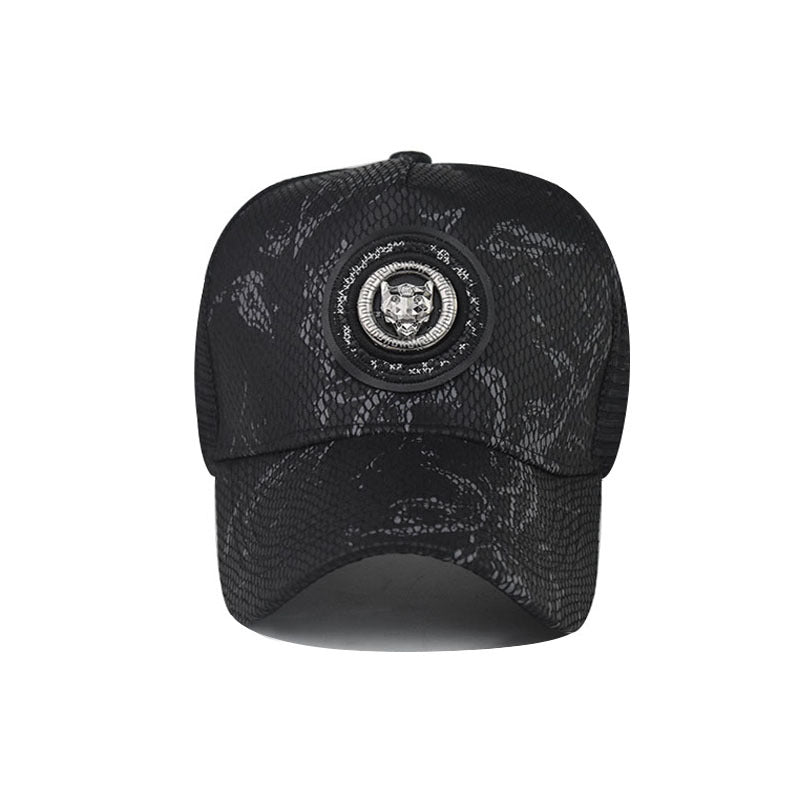 Baseball cap in black with textured pattern and round logo patch, curved brim