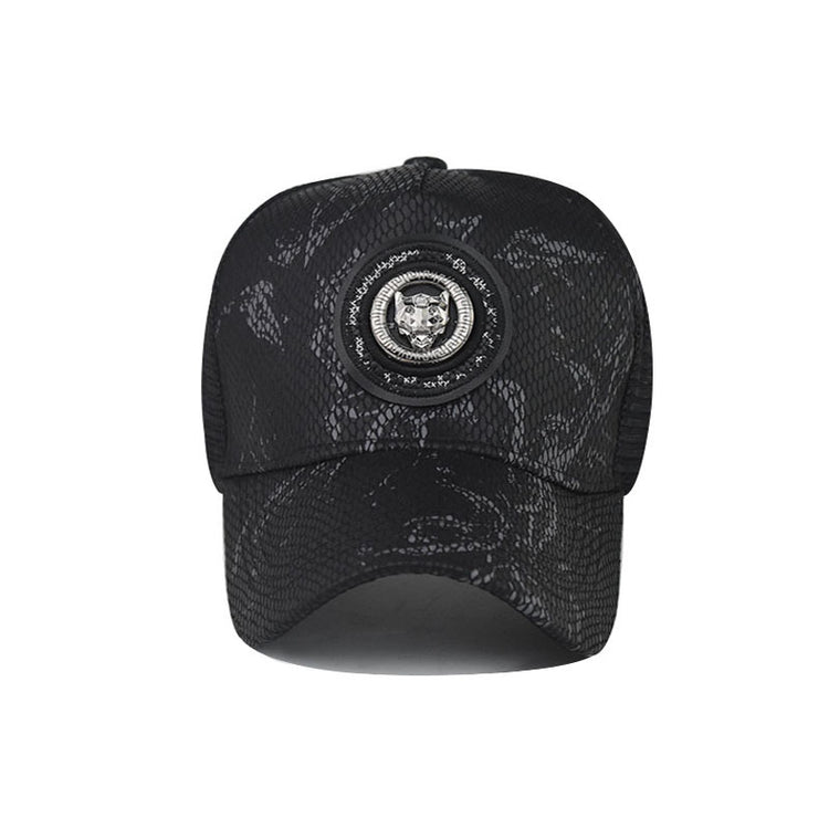 Baseball cap in black with textured pattern and round logo patch, curved brim