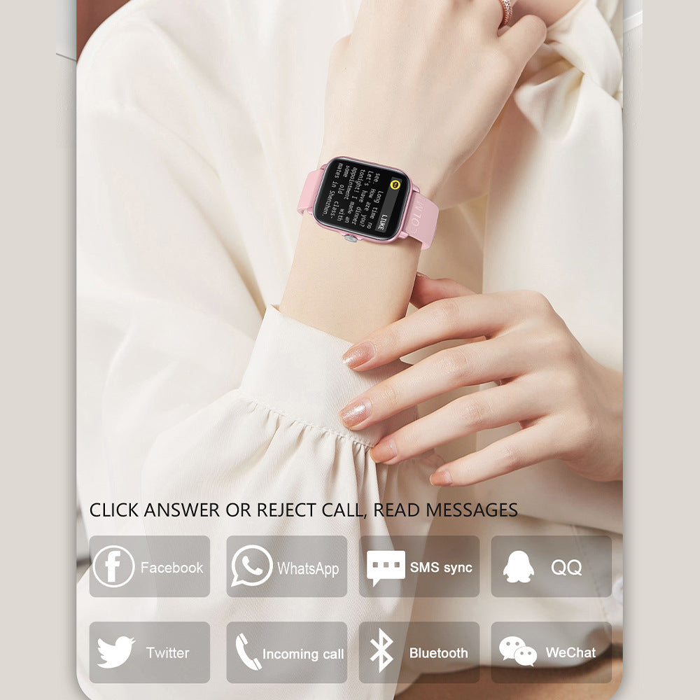 Waterproof smartwatch with pink strap, on-wrist view, message app icons on display