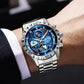 Blue stainless steel wristwatch on wrist, starry dial with luminous markers