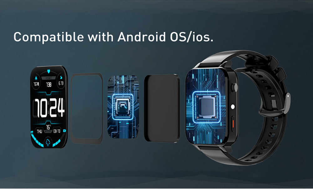 Black smartwatch with touchscreen preview shown with phone-style icons