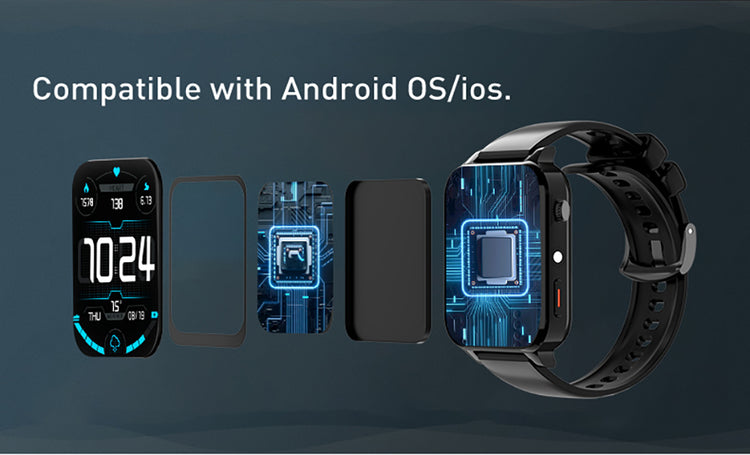 Black smartwatch with touchscreen preview shown with phone-style icons
