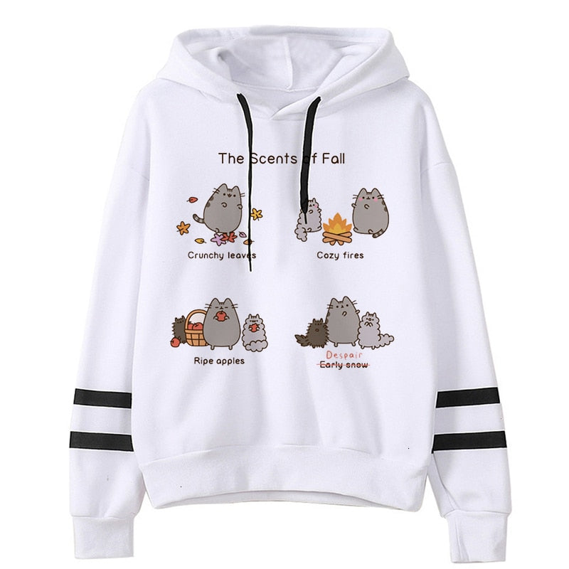 White fleece hoodie with seasonal cat prints, black drawstrings, and striped sleeve cuffs