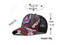 Graffiti baseball cap with red crown and black mesh sides, plus size/weight diagram