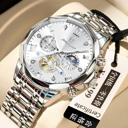 Men’s quartz watch with white dial, silver bezel, and two-tone metal bracelet strap