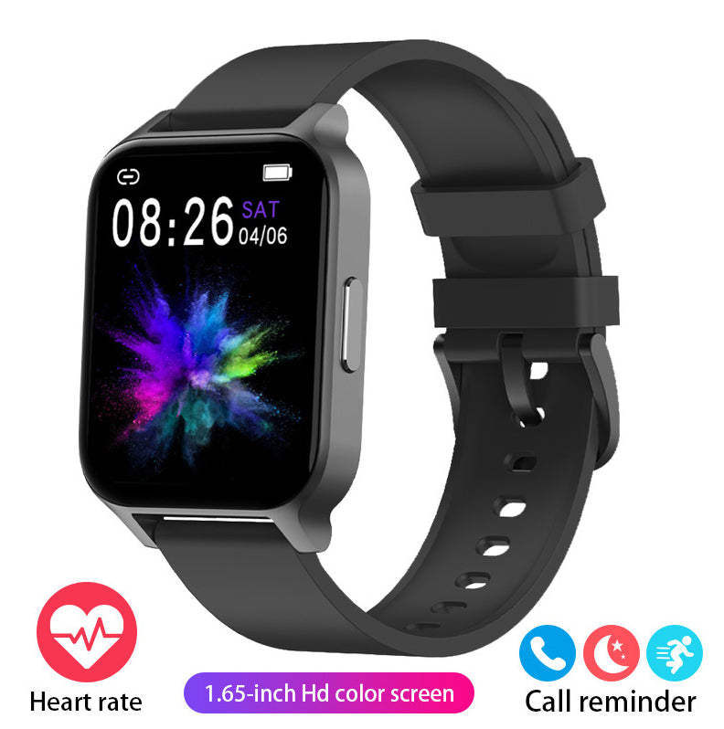 Health detection smartwatch with black silicone strap and square color display