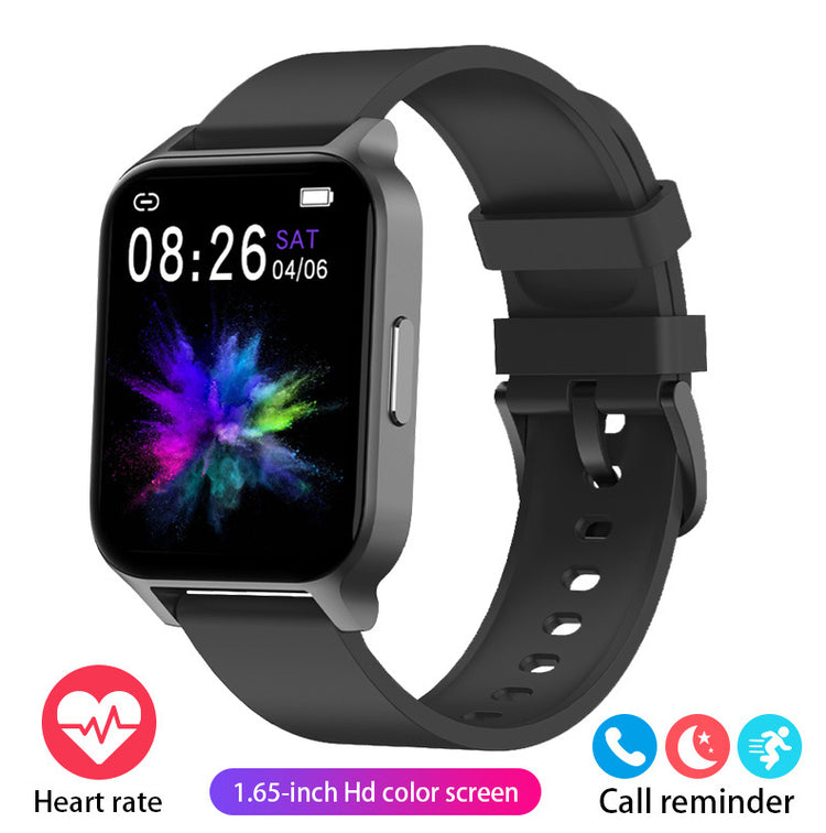 Health detection smartwatch with black silicone strap and square color display