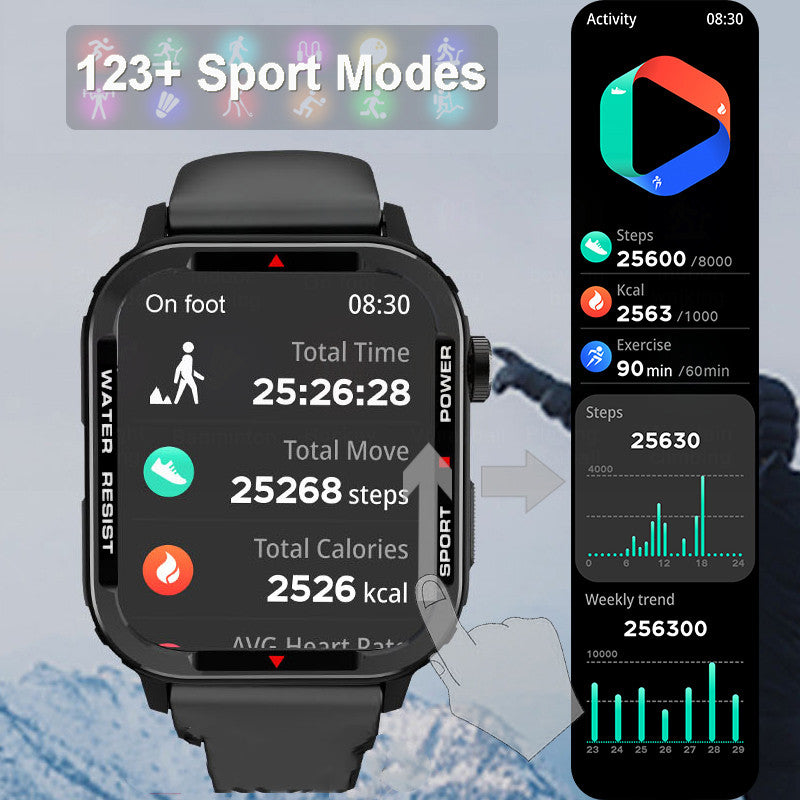 Sports smartwatch with black silicone strap showing sport stats on dark screen