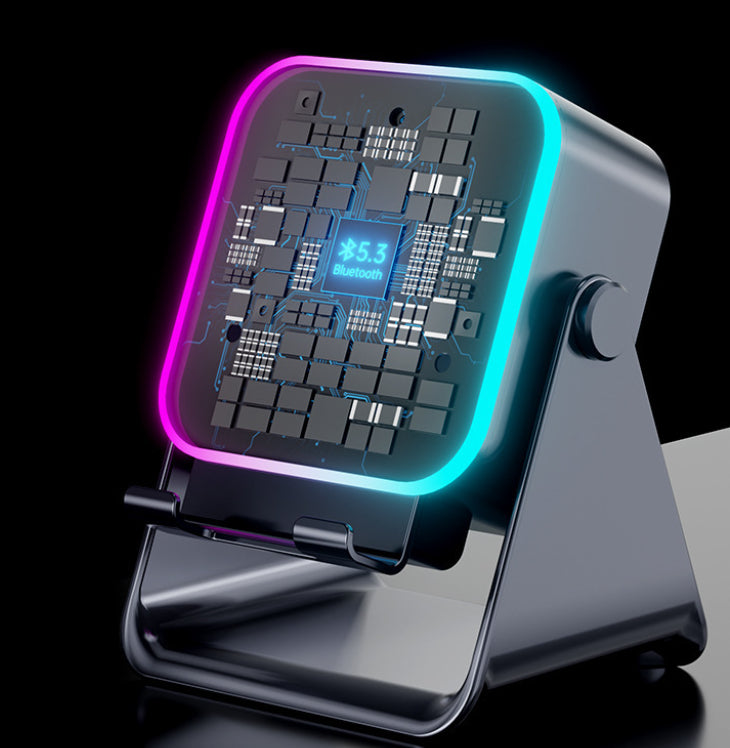 Black phone stand speaker with Bluetooth 5.3 display panel and RGB border light