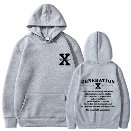 Heather gray loose pullover hoodie with hood and kangaroo pocket, front logo and back graphic.