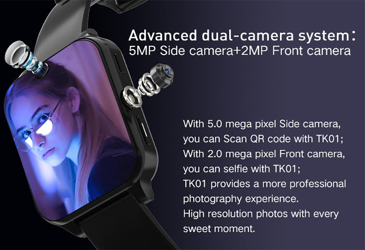 Black smartwatch with dual camera module side attachment