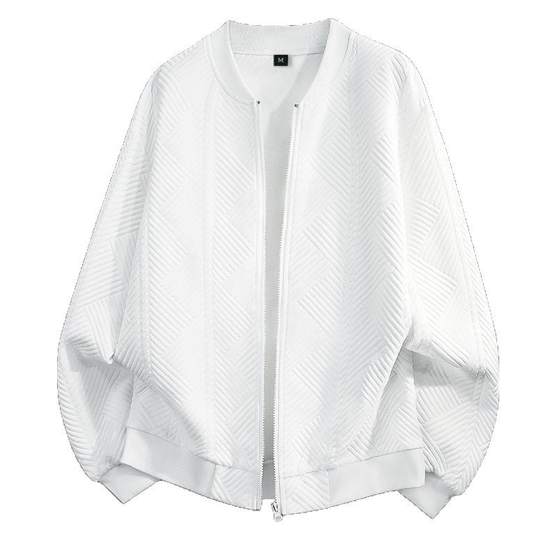 White textured bomber-style coat with full-length zipper and ribbed trim