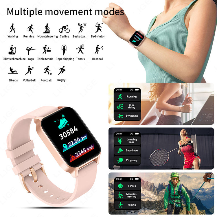 Smartwatch worn on wrist with light pink silicone strap and color display showing stats