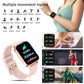 Smartwatch worn on wrist with light pink silicone strap and color display showing stats