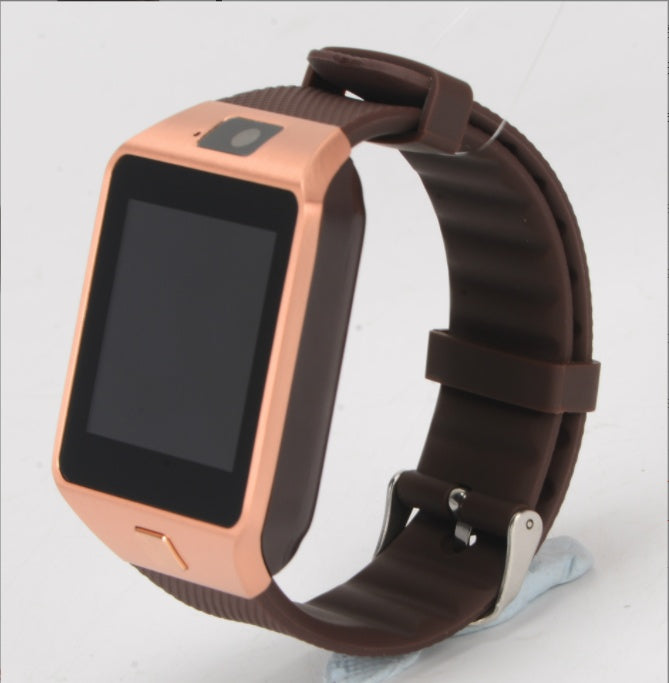 Rose gold smart watch with dark rubber strap and touch screen display