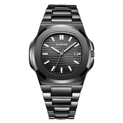 Luminous water-resistant wristwatch with black dial, steel link band, BANGWEI logo