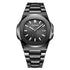 Luminous water-resistant wristwatch with black dial, steel link band, BANGWEI logo