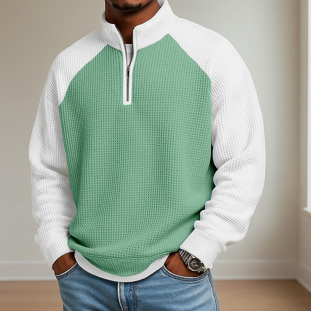 Color-block half-zip long-sleeve polo shirt in green with white sleeves