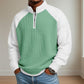 Color-block half-zip long-sleeve polo shirt in green with white sleeves