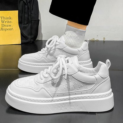 Pair of white height-increasing sneakers with patterned side panels and thick rubber platform sole