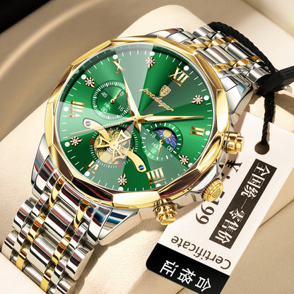 Men’s quartz watch with green dial, gold bezel, and two-tone metal bracelet strap
