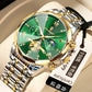 Men’s quartz watch with green dial, gold bezel, and two-tone metal bracelet strap