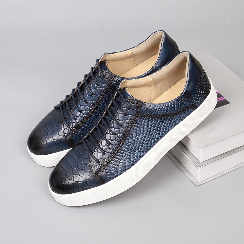 Lace-up embossed leather casual shoes in sapphire blue with white rubber sole