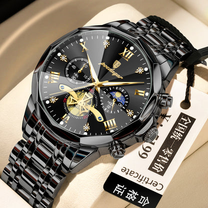 Men’s quartz watch with black dial, silver bezel, and two-tone metal bracelet strap