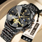 Men’s quartz watch with black dial, silver bezel, and two-tone metal bracelet strap
