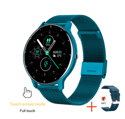 Smartwatch with teal mesh strap and black bezel