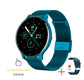 Smartwatch with teal mesh strap and black bezel