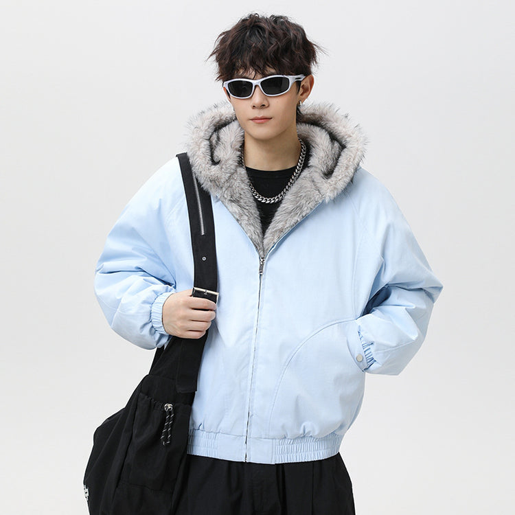 Light blue cotton padded jacket with fleece-lined hood and faux fur trim
