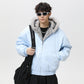 Light blue cotton padded jacket with fleece-lined hood and faux fur trim