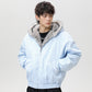 Light blue cotton padded jacket with fleece-lined hood and faux fur trim