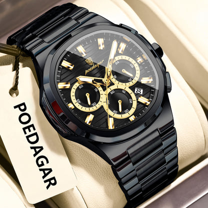Men’s multifunction luminous watch with black case and bracelet, dark dial with gold accents