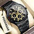 Men’s multifunction luminous watch with black case and bracelet, dark dial with gold accents