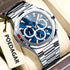 Men’s multifunction luminous watch with silver metal bracelet and blue dial, round multi-dial face