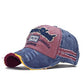 Denim baseball cap with multicolor patches and embroidered animal graphic, curved brim