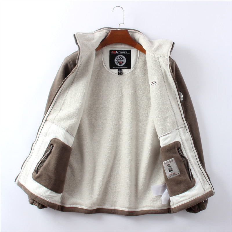 Fleece-lined polar fleece jacket, brown outer with white fleece lining