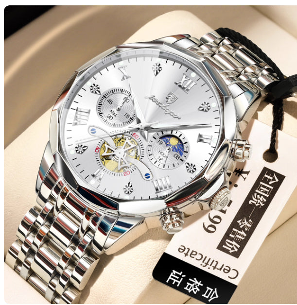 Men’s quartz watch with white dial, silver bezel, and two-tone metal bracelet strap