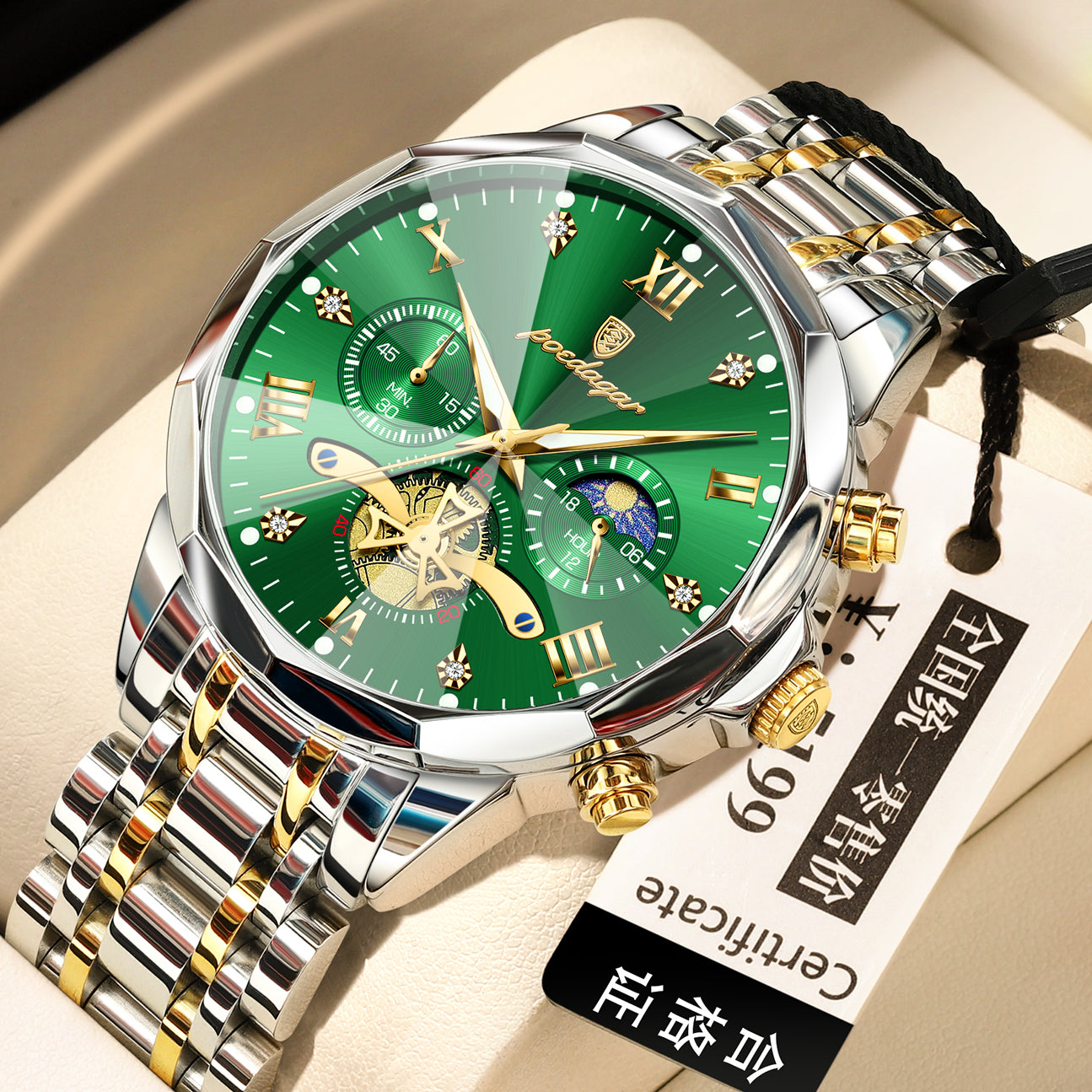 Men’s quartz watch with green dial, silver bezel, and two-tone metal bracelet strap