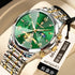 Men’s quartz watch with green dial, silver bezel, and two-tone metal bracelet strap