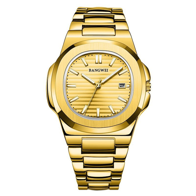 Luminous water-resistant wristwatch with gold steel band and champagne dial, BANGWEI