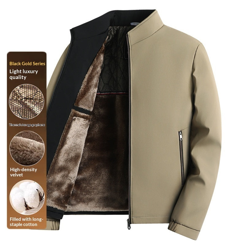 Khaki and black fleece-lined jacket with front zipper and brown velvet lining panels
