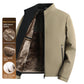Khaki and black fleece-lined jacket with front zipper and brown velvet lining panels