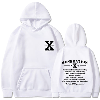 White loose pullover hoodie with hood and kangaroo pocket, front logo and back print.