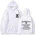 White loose pullover hoodie with hood and kangaroo pocket, front logo and back print.
