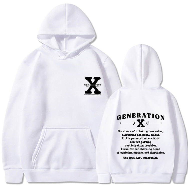 White loose pullover hoodie with hood and kangaroo pocket, front logo and back print.